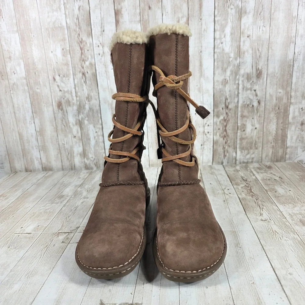 UGG Australia Sunburst Tall Brown‎ Leather Shearling Lace Up Boots 534 Womens 8